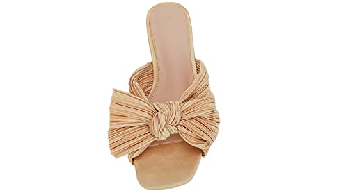 Vetaste Women's Pleated Bow Flat Sandals Open Square Toe Slip On Slide Sandals #TOP3