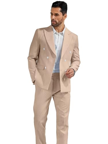 High-End Suits Men's Seersucker Suits 2 Piece Casual Summer Beach Wedding Prom Suit Khaki Seersucker Blazer Pants Set XL
