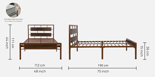 Image of Zeek Metal Single Size Bed Without Storage | Wrought Iron Single Bed with Headboard & Footboard| Sturdy Powder Coated Platform Cot for Bedroom, Living Room, (Zeek Brown)