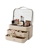 Beige Makeup Organiser Storage Box with Drawers, Cosmetic Display Case for Skincare, Jewellery and Beauty Accessories & Desktop Organiser