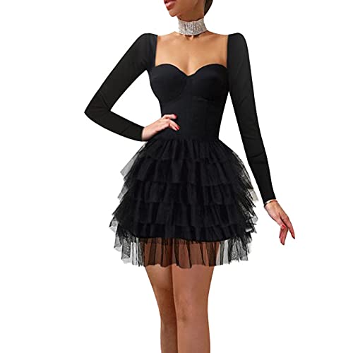 Votuleazi Dames Robe Jupe Femme Maille Robe Taille Haute Midi Manches Longues/Epaules Dénudées Fille Contrôle du Ventre Eté Fête Vêtements Cocktail (Noir 3, XL) Cover