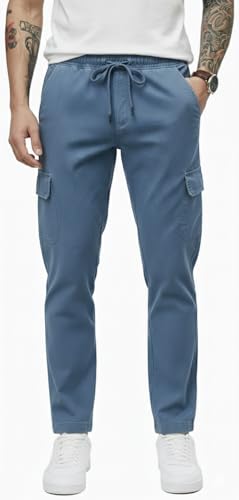Image of T.N.X Men's Cotton Cargo Pants|| Casual Trousers for Men || Comfortable Lower for Men || Breathable Pants with 5 Pockets & Drawstring Elastic Waistaband Slate Blue