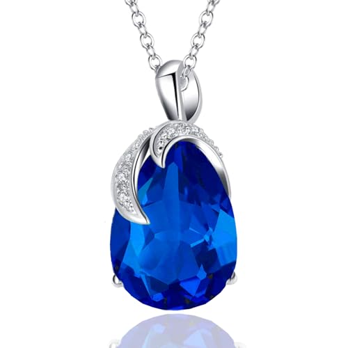 VONSSY Damenkette Edelstein Anhänger Halskette | Oval Teardrop Birne Kristall Rubin Smaragd Rosa Saphir Birthstone Halskette | Platin-Silber-Schmuckgeschenk (Saphir blau)