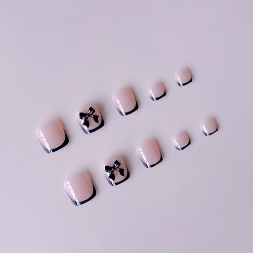 Image of Black French Tip Press on Toenails Bow Fake Toenails Short Square Glue on Toe Nails Glossy Full Cover False Toes Reusable Artificial Acrylic Stick on Toenails for Women Girls Summer Manicure 24Pcs