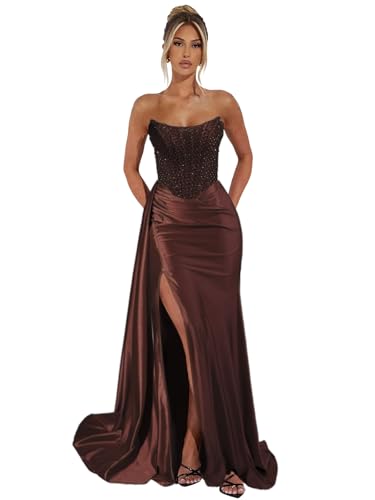 Dansiuey Sparkly Satin Mermaid Prom Dress 2026 Brown Strapless Corset Evening Gowns Long Tight...