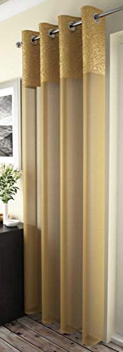 Mirabel Madeira plain muslin look crinkled top Ochre Gold voile panel 53 x 54 drop inches 135cm x 137cm approx plain eyelet ring top elegance curtain door panel retro top