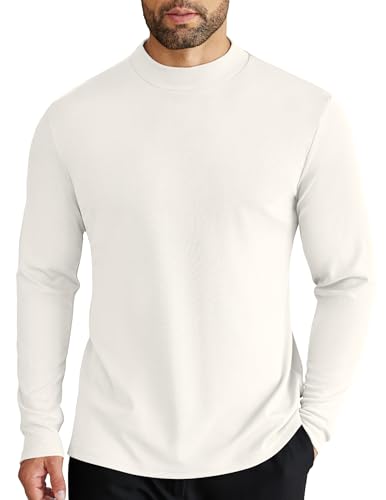 COOFANDY Men's Mock Neck T Shirts Long Sleeve Basic Turtleneck T-Shirt Lightweight Ribbed Pullover Sweaters, White, Medium