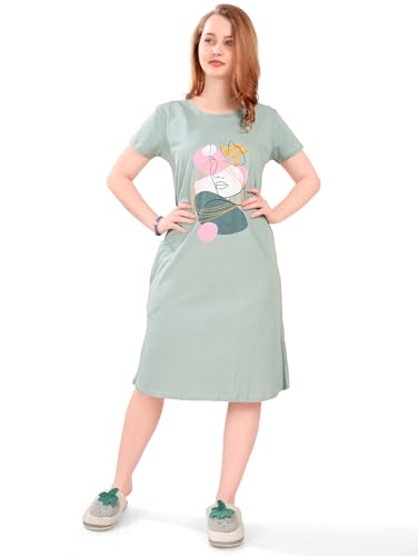 Image of Printed Knee Length Pocket Night Dresses for Women | Cat Lovers | Premium Soft Cotton Nighty | Sky Blue