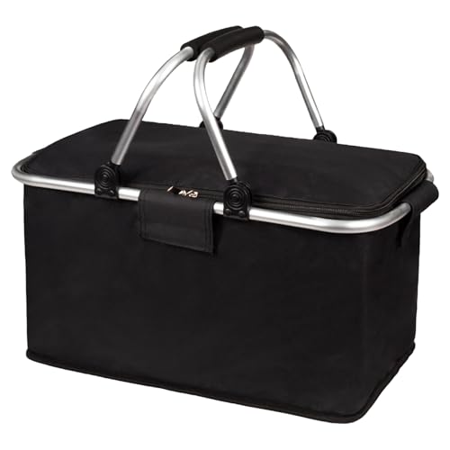 Panier de Piqu Pliable Grand Panier à Provisions avec Couvercle Sac Isotherme réfrigérant avec Cadre en Aluminium et poignées rembourrées pour Courses,Camping et Voyages,45×24×24cm