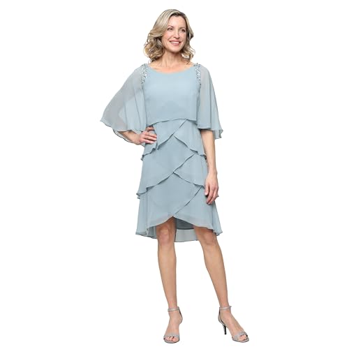 Image of S.L. Fashions Women's Tiered Chiffon Cocktail Party Dress with Attached Cape & Beaded Shoulders (Petite and Regular Sizes)