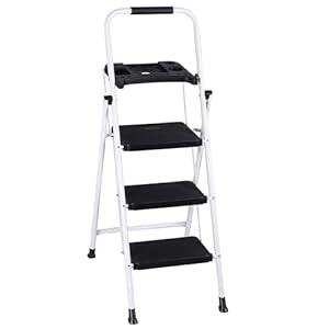 F2C 3-Step Folding Ladder with Tool Tray – Heavy Duty Carbon Steel, Space-Saving Design, Non-Slip PVC Feet & PP Platform, Ideal for Home/Office/Outdoor Use (White, 3-Steps)