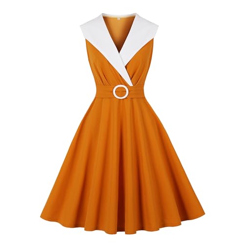 Wellwits Womens Big Blazer Collar Office Lady 1940s Vintage Work Dress Orange M
