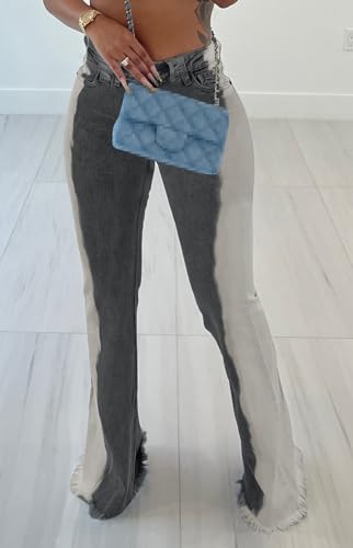 Conshvi Two Tone Bell Bottom Jeans for Women Stretchy Hem Raw Mid Rise Distressed Wide Leg Flared Denim Pants2