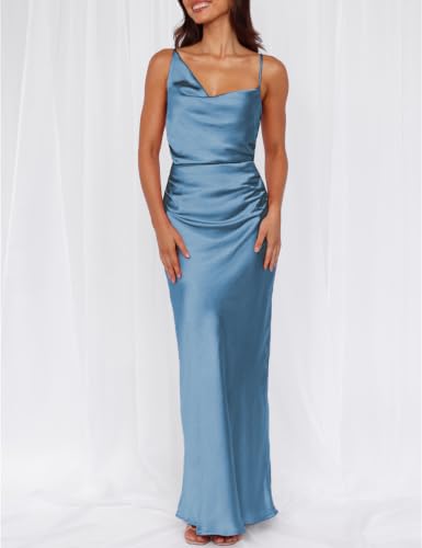 Image of Formal Satin Silk Spaghetti Strap Maxi Dresses for Women Wedding Guest