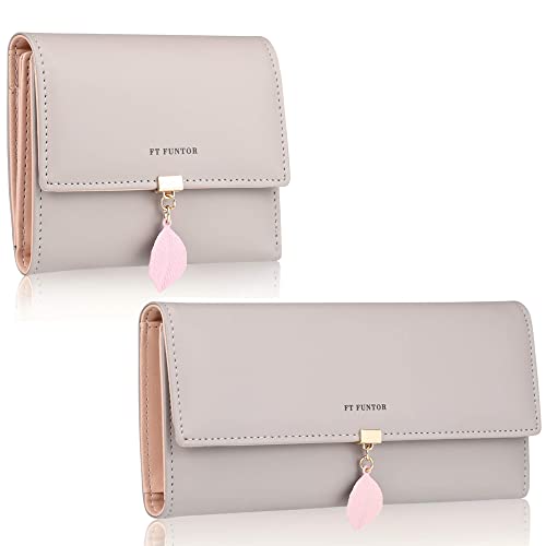 FT Funtor RFID Wallets for Women, Leaf Card Holder Trifold Ladies Wallets Coins Zipper Pocket with ID Window Grey