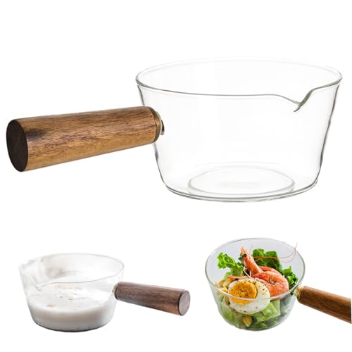 Milk Pot, 600ml Clear Glass Saucepan with Wooden Handle & Spout, Nonstick Simmer Pot for Noodles, Pasta, Soup, Milk and Baby Food
