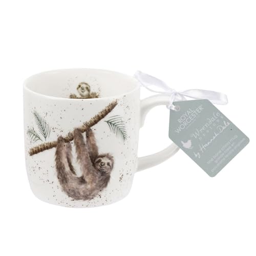 Royal Worcester Wrendale Designs Farmhouse Style Mug, Hanging Around - 14 oz Fine Bone China Mug with Sloth Illustration for Cozy Kitchen Vibes - Floral Drinkware for Daily Comfort