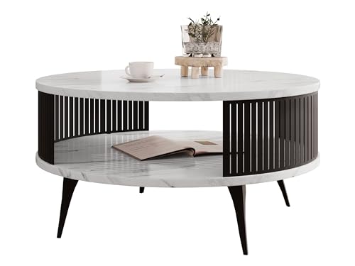 Mirjan24 Couchtisch mit Ablage Rajkon, Runde Form, Metallbeine, Kaffeetisch, Wohnzimmertische, Beistelltisch, Sofatisch, Teetisch (Bianco Marmor, Schwarz)