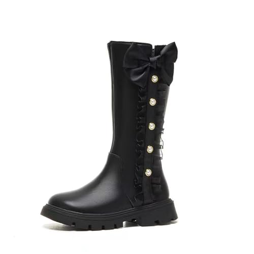 Girls Mid Calf Riding Boots Toddler Girl Fall Leather Snow Boots Kids Cute Shoes with Pearl Bowknot Side Zipper Dressy Princess Boot4