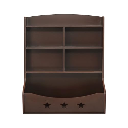 Image of Curipeer Bookshelf, Three-and-a-Half Tier Wooden Bookcase, Bookshelf for Bedroom, Storage Cabinet with 5 Cube Units, Star Pattern Storage Organizer, Brown