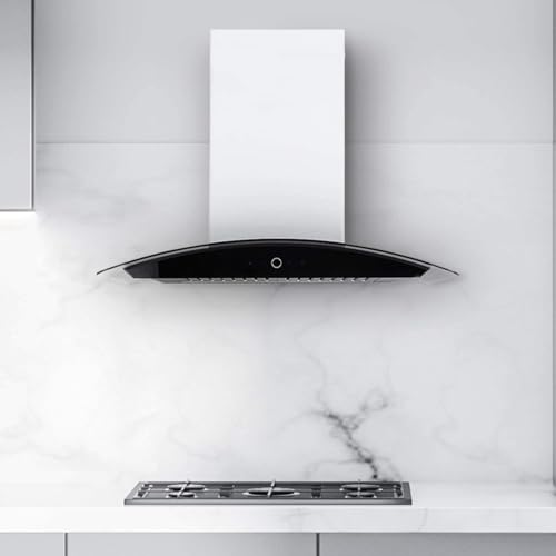 Image of Hauslane Wall Mount Range Hood 30 Inch | Contemporary Stainless Steel & Tempered Glass | Onyx Black Panel, 3-Speed Touch Control, LED Lights, Baffle Filters | Vented or Ductless with Charcoal Filters