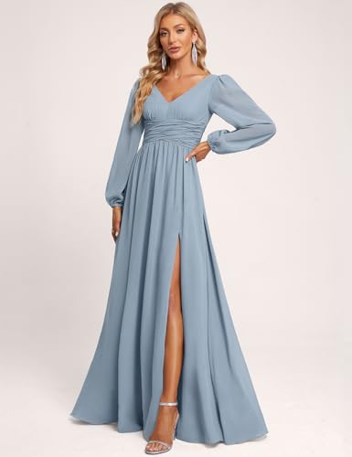 Women's Long Sleeve Bridesmaid Dresses for Women Chiffon V Neck Evening Formal Gown with Slit 2025 Winter3