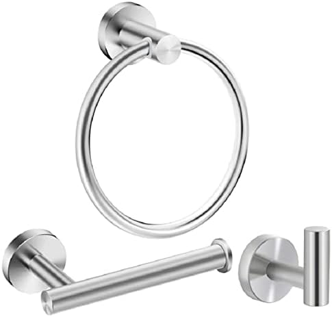 YUET Bathroom Hardware Accessories Set - SUS 304 Stainless Steel Brushed Wall Mounted Rack, Towel Ring Bar + Toilet Paper Roll Holder + Robe Hook, Bath Accessory Hooks (Black)