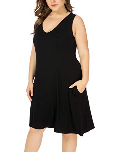 Image of Women Plus Size V Neck Sleeveless Floral Print Pocket T Shirt Dresses Casual Midi Tank Dress Beach Cover up Sundress (XL-5X)