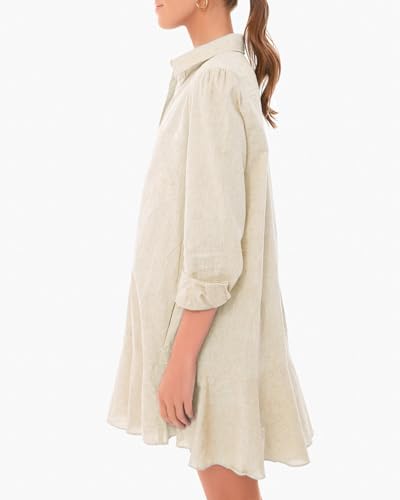 Image of YEXPINE Women's Tunic Mini Shirt Dress Cotton Linen Long Sleeve Button Up Ruffle Hem Loose Casual Summer Pockets Shift Dress