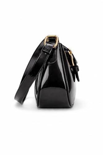 Image of Korean Style Leather Shoulder Bag with Buckle Glossy Finish Crossbody Purse for Daily Use Travel & Shopping Phone Purse with Adjustable Strap Lightweight Trendy Bag for Girls