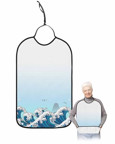 LEOKOTI Blue Ombre Coastal Adult Bibs for Eating, Waterproof Bibs with Food Catcher & Adjustable Snap Closure, Modern Blue Sea Wave Abstract Art Washable Clothing Protectors Adult Bibs for Elderly