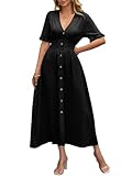 Fisoew Damen Kurzarm Button Down Maxi Kleider Fließend Sommerkleid Rüschen V Ausschnitt Strandkleid Schwarz XL