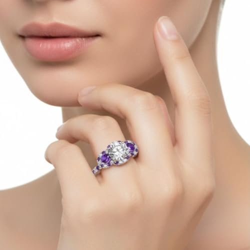 Image of 55Carat Choose Your Gemstone Delicate 3 Stone Halo Diamond CZ Ring Sterling Silver Round Shape Halo Engagement Rings Everyday Jewelry Wedding Jewelry Handmade Gifts for Wife US Size 4 to 12