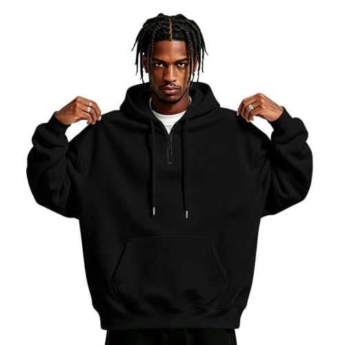Fleece Hoodie Men Quarter Zip Fleece Lined Hooded Hoodie Kangaroo Pocket - image 1