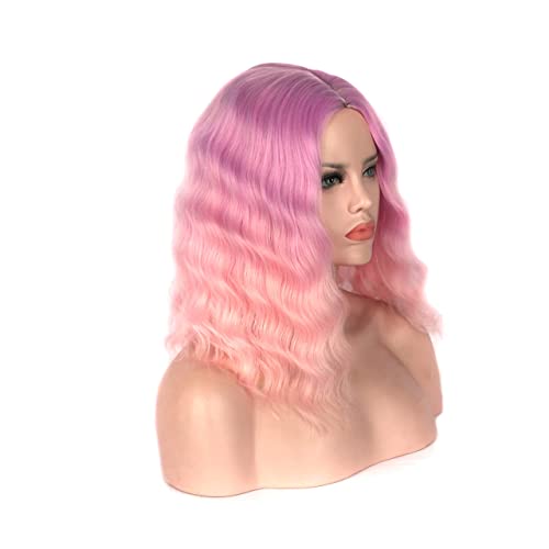 Ombre Pink Wig Short Pastel Wavy Bob Wigs for Women Middle Part Ombre Purple to Pink Colorful Wig Shoulder Length Synthetic Heat Resistant Costume Cosplay Party Wig(14 inches)