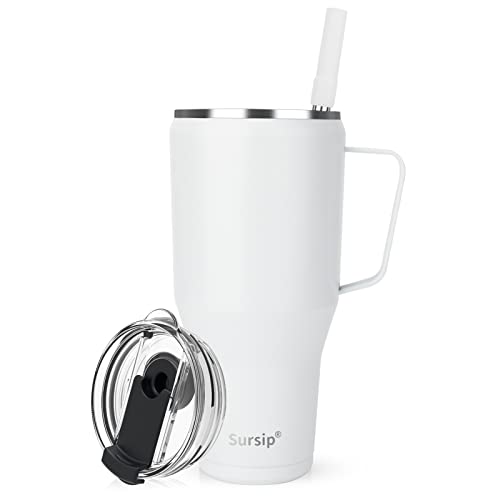 Sursip 40 Oz Mug Tumbler With Screw Lid - Stainless Steel Vacuum Insulated Cup With Straw And Handle, Keeps Drinks Cold Up To 24 Hours - Sweat Proof, Leak Proof, Dishwasher Safe, Car Holder (White) #TOP7