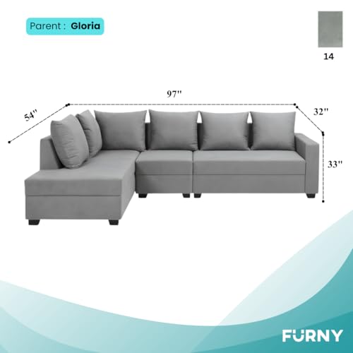 Image of FURNY Gloria 6 Seater Fabric LHS L Shape Sofa Set (Light Grey) Premium Velvet Finish | Durable Comfort | Ideal for Living Room