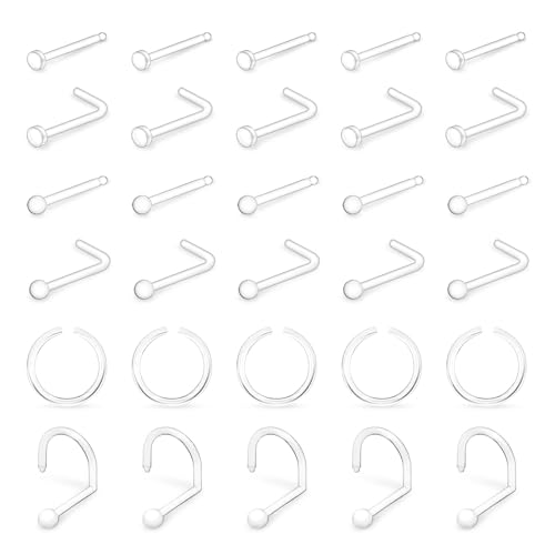 MixPiercing 30Pcs Piercing Nez Plastique Bioflex Transparent Invisible Flexible Nostril Oreille Helix Goujon Anneau Retainer Kit pour Irm Operation 0,8mm 20G
