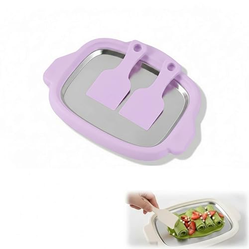 Rolled Ice Cream Maker Kit with Stainless Steel Tray, DIY At-Home Ice Cream Roll Pan with 2 Scrapers for Yogurt and Sorbet (Purple)