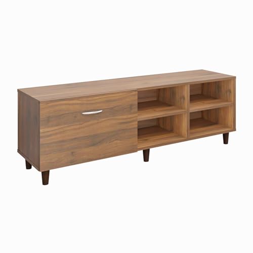 Image of VIKI Modern TV Unit for Living Room | Engineered Wood TV Cabinet with 1 Drawer Storage & 2 Open Shelves, Set Top Box Stand, Entertainment Unit, 140W x 48H x 40D cm | DIY | 1 Year Warranty (Walnut)