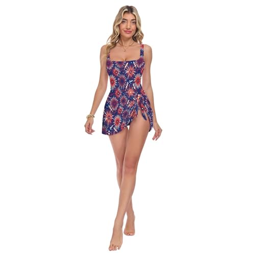 Maillot de bain une pièce avec bretelles larges de maintien et imprimé feux d'artifice du 4 juillet