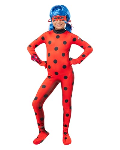 Funidelia Disfraz Oficial de Ladybug para Niña con mono, peluca, antifaz, pendientes y peluche, Traje de Miraculous Infantil, Disfraces de Carnaval, Halloween y Fiestas – Talla 7-9 años