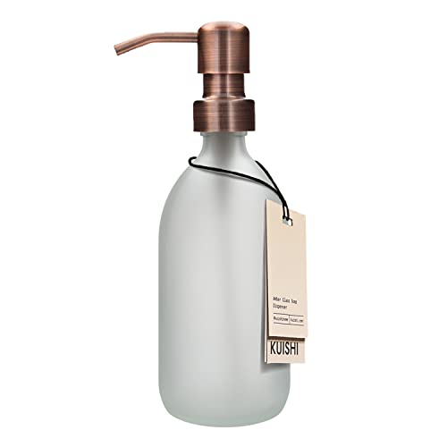 Kuishi Matt Glass White Soap Dispenser Pump Bottle [300ml, Bronze], Glass Bottle Soap Dispenser with Stainless Steel Pump, White Bathroom Accessories (BPA-Free) Cover