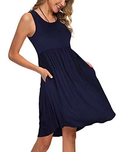 KILIG Women Summer Casual Dress Loose Pleated Sleeveless Swing Beach Sundress Cover up with Pockets Blue