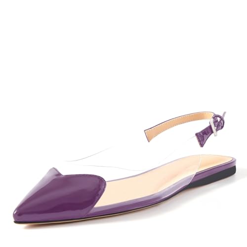 Women's Fashion Pointed Toe Heart Transparent PVC Slingback Flat Shoes Comfort Slip On Cap Toe Clear Ballet Flats Work Wedding Dress Flat Shoes for Women Purple Size 9