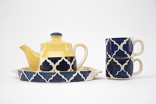 HS Hindustani Saudagar Microwave Safe Hand Made Handpainted 2 Cups 1 Kettle and 1 Tray Tea Set Excellent Gift For Any Occasion: Holidays, Anniversaries, Appreciation