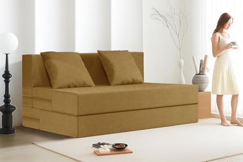 Image of Rosebell Two-Person Jute Sofa Cum Bed | Compact & Lightweight | Removable Washable Cover- Including 2 Cushion | 4x6 Ft Size | Home or Office - Golden Color