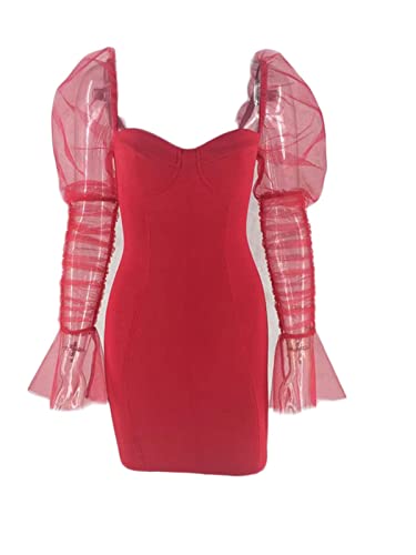 Image of Uni Clau Women Sexy Mesh Sheer Puff Long Sleeve Mini Dress Bodycon Deep V Neck Patchwork Party Clubwear Dress