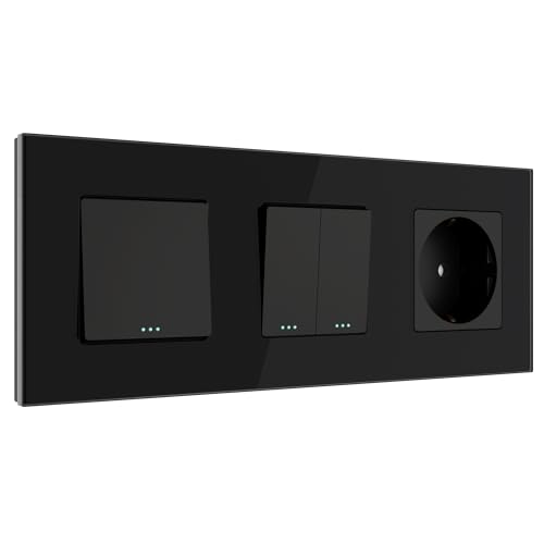 PULSAR Kreuzschalter/Serien-Wechselschalter/Steckdose 3 Fach Unterputz Glas Schwarz - Lichtschalter Doppelt Steckdose 10A/16A 250V