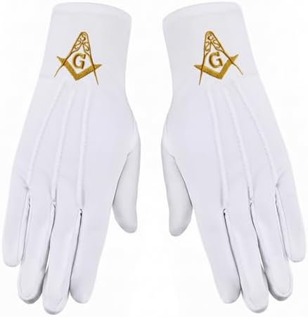 Gold Square & Compass Hand Embroidered Cotton White Masonic Gloves